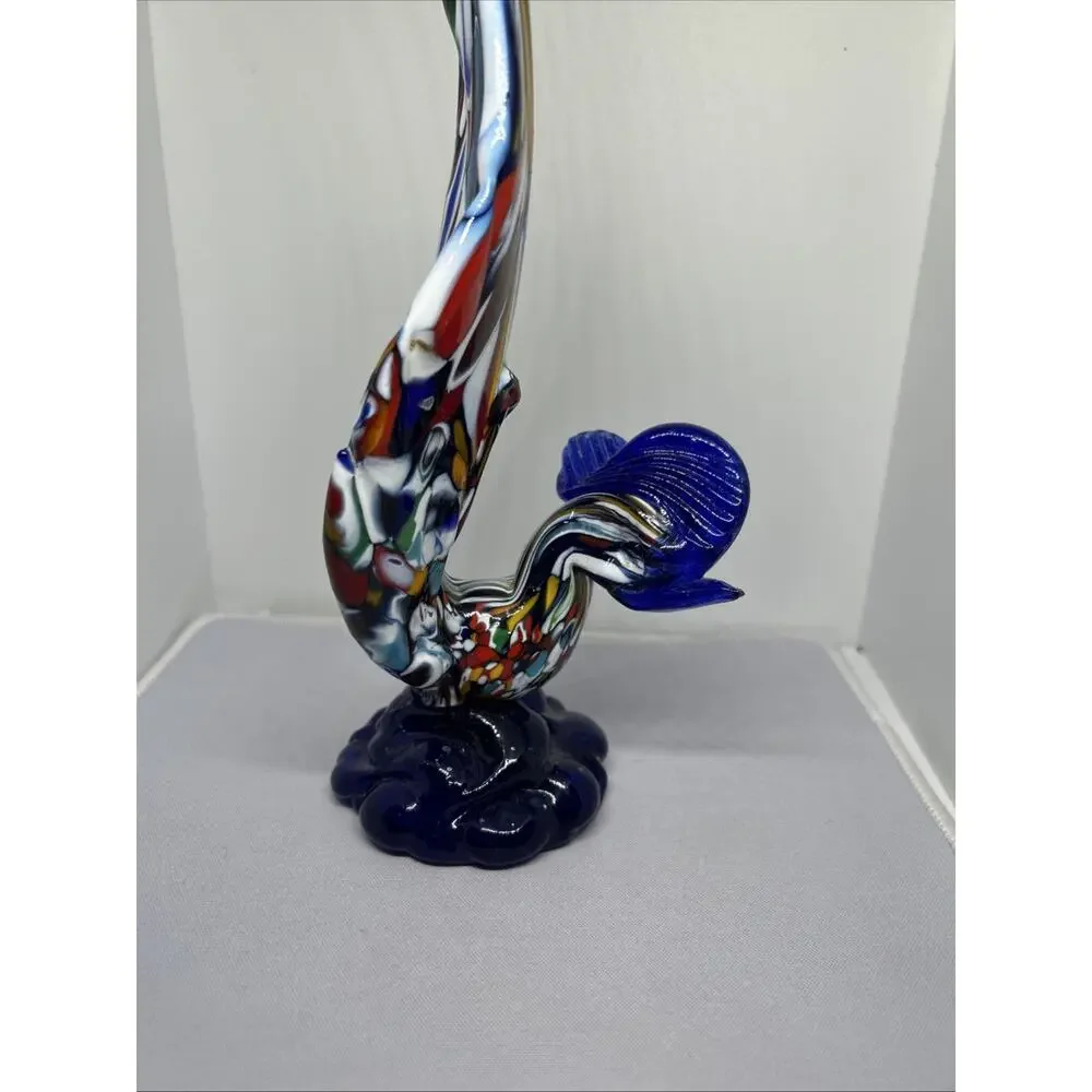 Vtg Murano Style Blown Blue Art Glass Rooster Colorful Bird 7" Figurine Nice - Picture 6 of 8